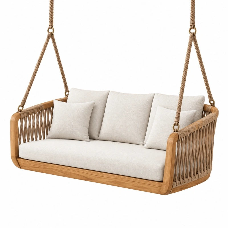 Divano sospeso da giardino 140 x 75 x 180 cm in legno e corda beige - stile naturale