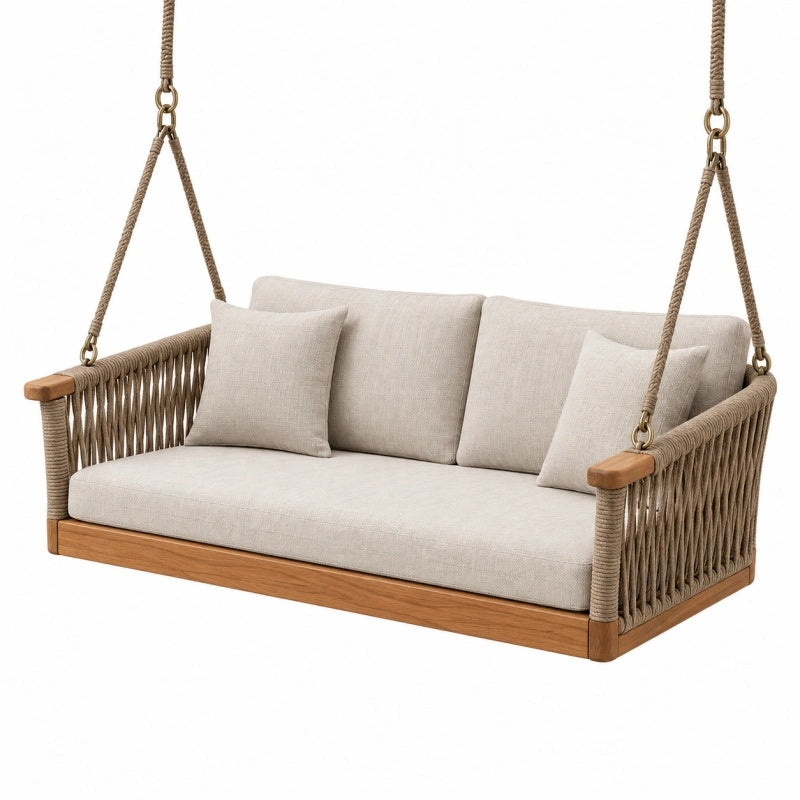 Dondolo sospeso da giardino 150 x 75 x 65 cm in legno e corda beige marrone con seduta imbottita