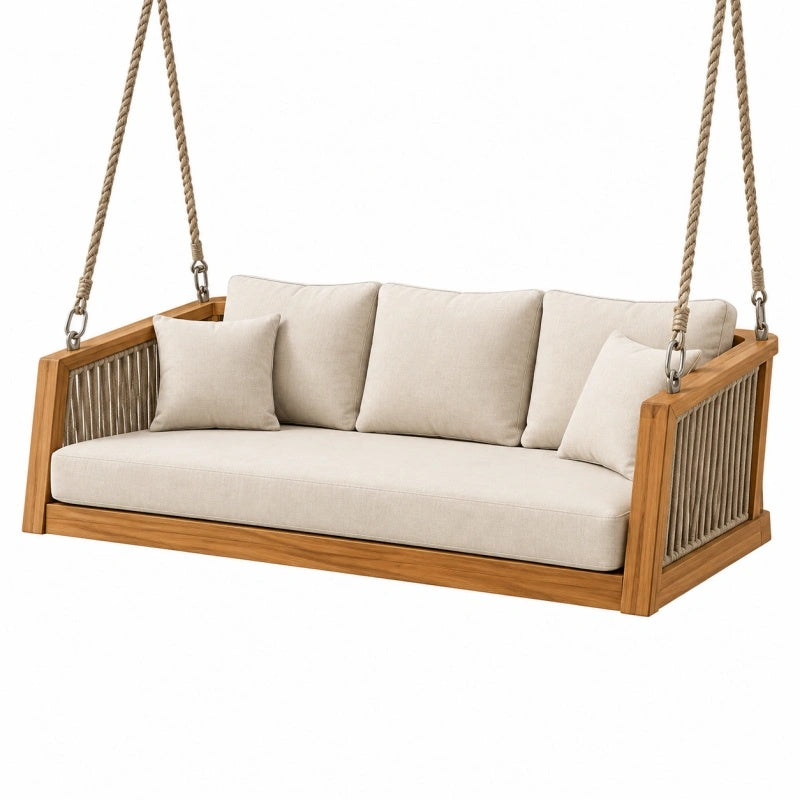Dondolo da giardino sospeso 180 cm in legno marrone e tessuto beige a 3 posti