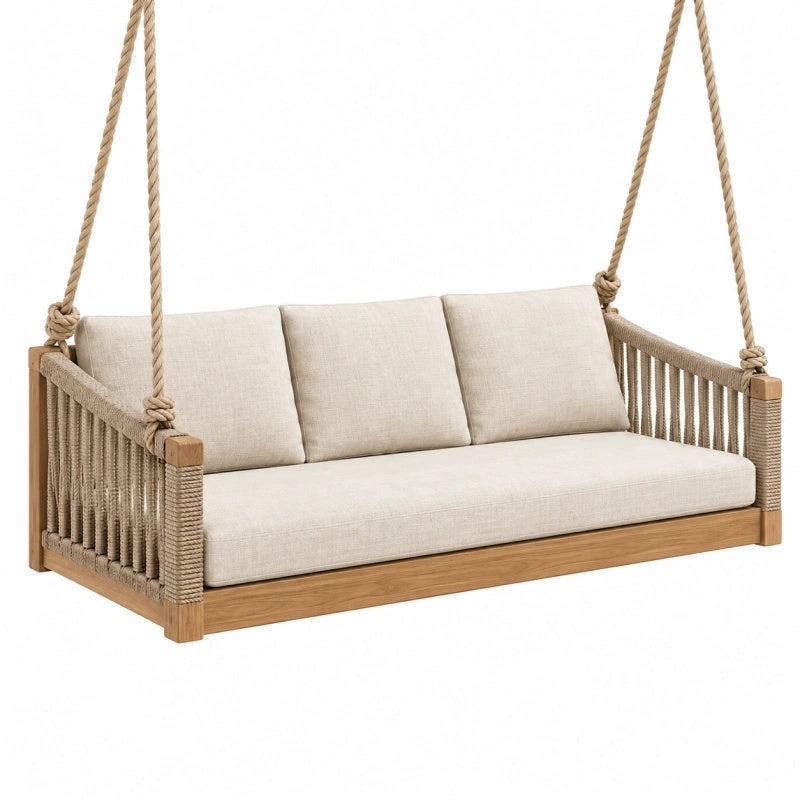 Divano sospeso 180 x 80 x 65 cm in legno e corda beige per esterni coperti