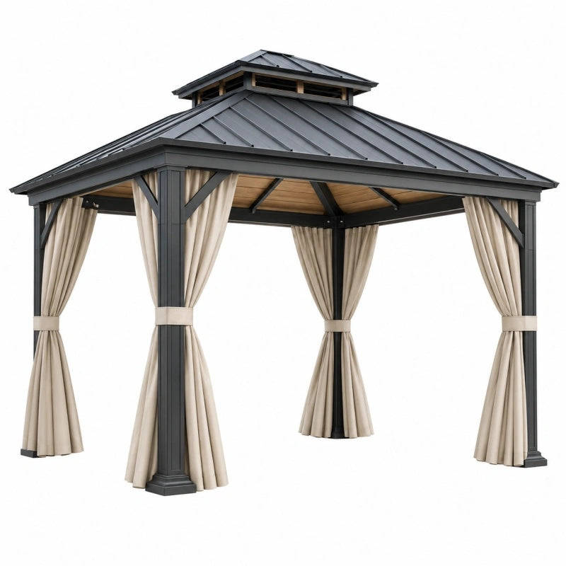 Gazebo da giardino 400 x 300 x 320 cm in metallo nero con tende beige - copertura fissa in stile classico