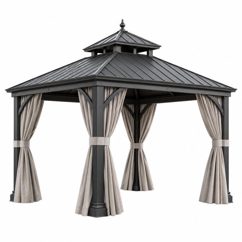 Gazebo da giardino 300 x 300 cm in metallo nero con tende beige a doppio tetto