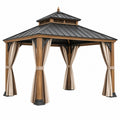 Gazebo da giardino 300 x 300 x 310 cm in legno marrone con tetto in metallo nero e tende