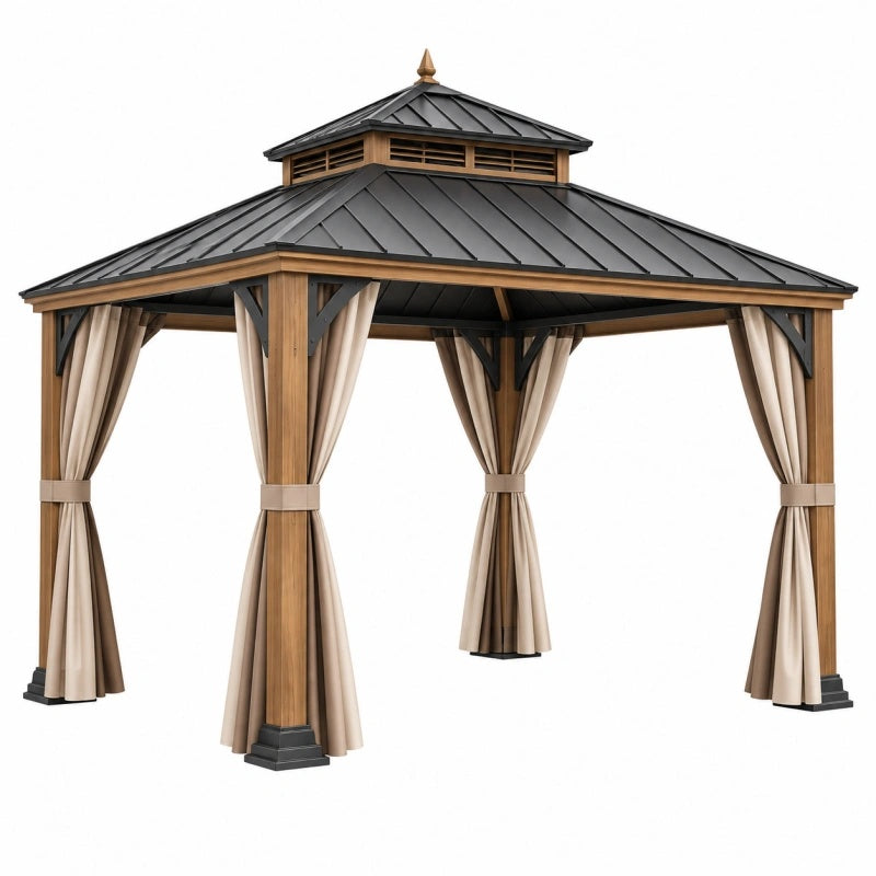 Gazebo da giardino 300 x 300 x 310 cm in legno marrone con tetto in metallo nero e tende