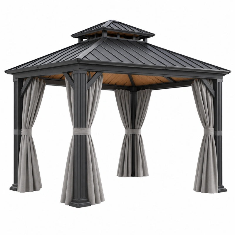 Gazebo da giardino 300 x 300 x 300 cm in metallo nero con tende grigie - tetto a doppio livello