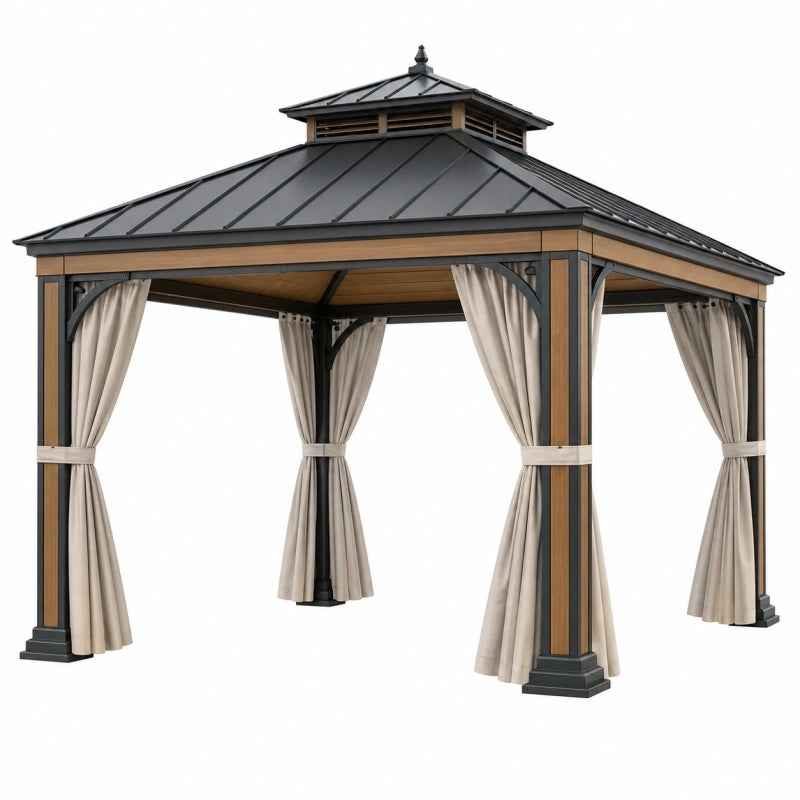 Gazebo da giardino 300 x 300 cm in acciaio nero e finitura legno con tende laterali