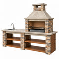 Cucina da esterno con barbecue 240 x 70 x 230 cm in pietra beige e marrone con lavello e ripiani