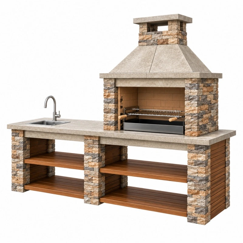 Cucina da esterno con barbecue 240 x 70 x 230 cm in pietra beige e marrone con lavello e ripiani
