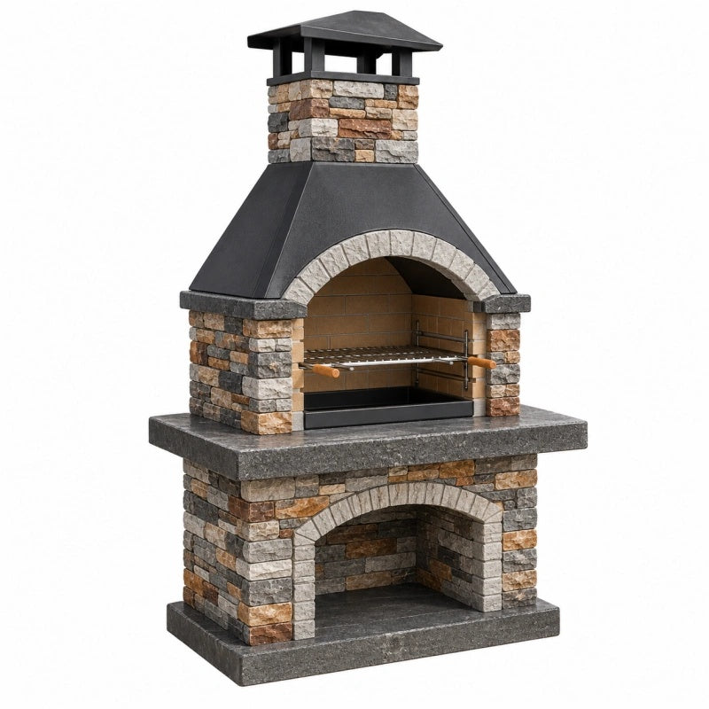 Barbecue da giardino in pietra 110 x 70 x 210 cm grigio marrone con griglia regolabile