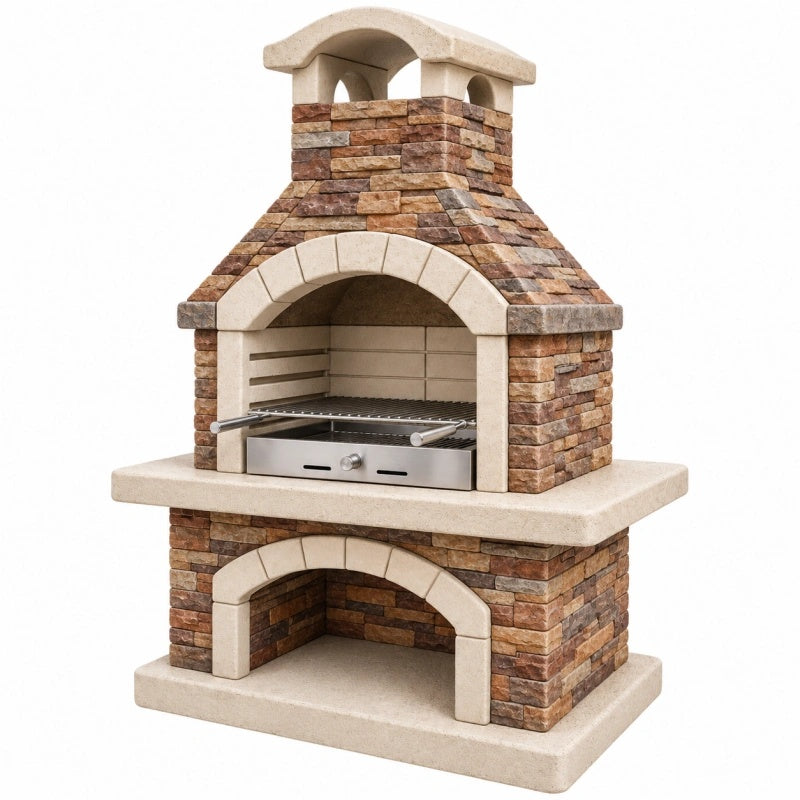 Barbecue da giardino 100 x 70 x 210 cm in pietra multicolore con griglia e cappa