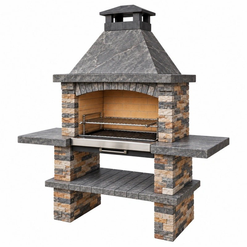 Barbecue da giardino in pietra 150 x 70 x 220 cm grigio con cappa e griglie
