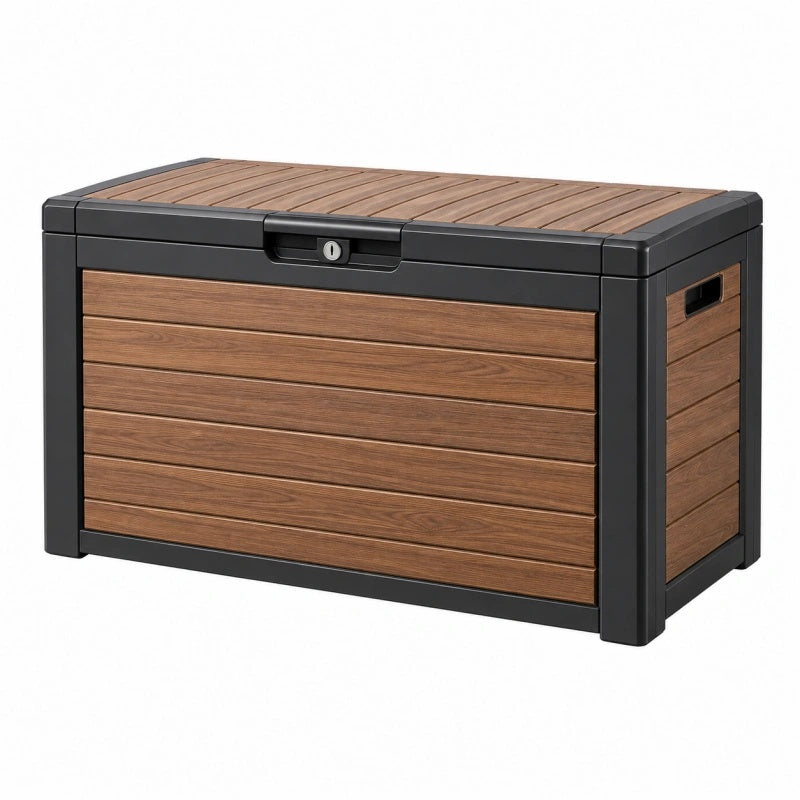 Cassapanca contenitore da esterno 120 x 60 x 65 cm in resina effetto legno marrone e nero con serratura