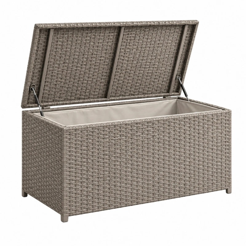 Baule contenitore da esterno 120 x 50 x 60 cm in polyrattan tortora con coperchio sollevabile