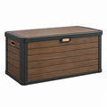 Baule da esterno 120x55x60 cm in resina marrone e nero effetto legno con coperchio