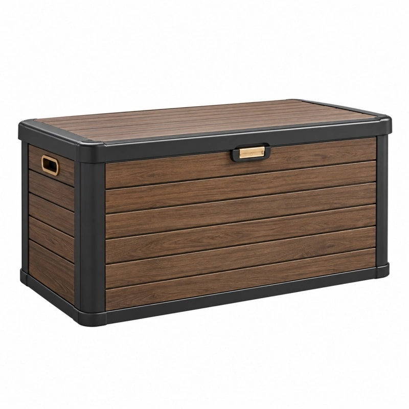Baule da esterno 120x55x60 cm in resina marrone e nero effetto legno con coperchio