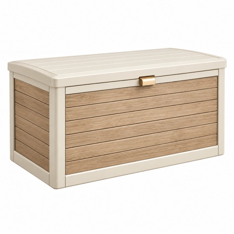 Cassapanca contenitore da esterno 120 x 60 x 60 cm in resina beige e marrone effetto legno con coperchio