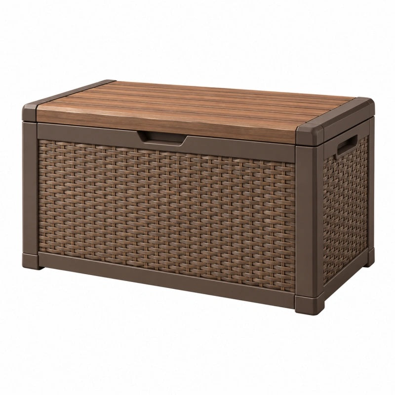 Cassapanca contenitore da esterno 120 x 56 x 60 cm in resina marrone effetto legno e rattan con coperchio