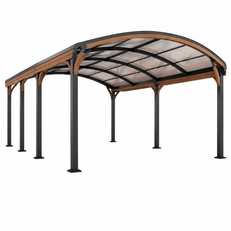 Tettoia auto 600 x 300 cm in acciaio legno e policarbonato trasparente - copertura curva da esterno