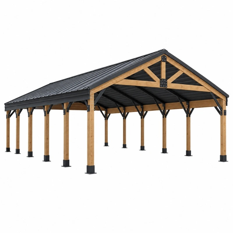 Tettoia da esterno 610 x 366 cm in legno e metallo marrone nero per auto stile rustico