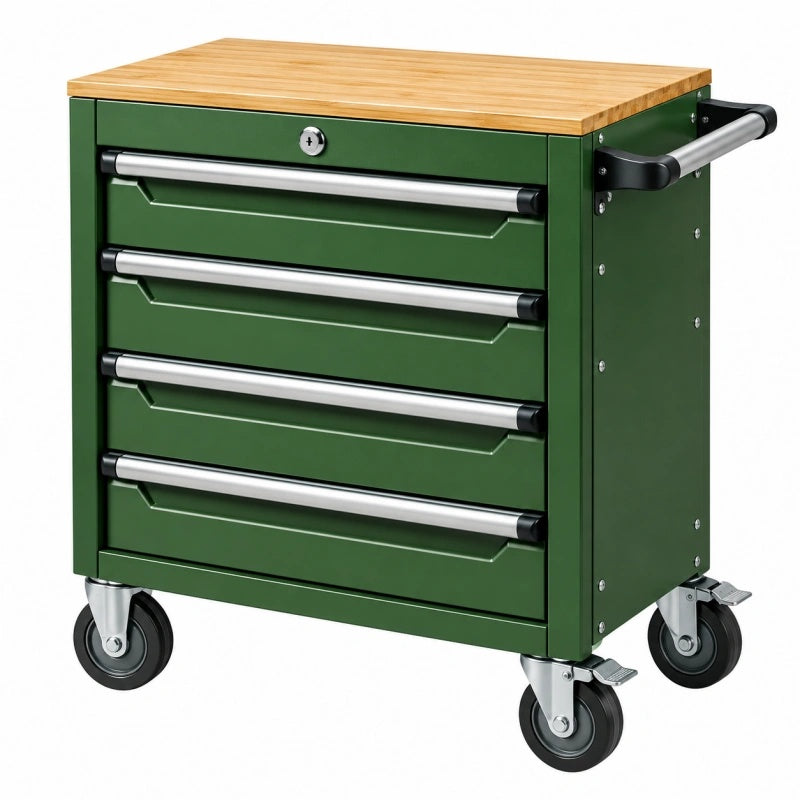 Carrello portautensili 77 x 46 x 95 cm in acciaio verde con piano in legno - mobile da officina su ruote