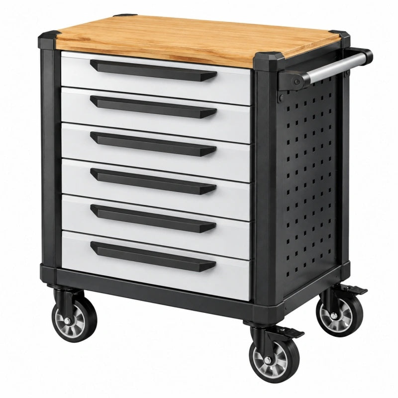 Carrello portautensili 85 x 45 x 95 cm in metallo nero e bianco con piano in legno e 6 cassetti