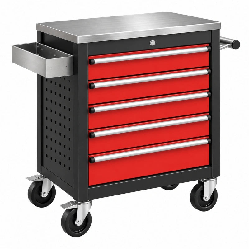 Carrello portautensili 77 x 46 x 95 cm in acciaio nero e rosso con 5 cassetti e ruote