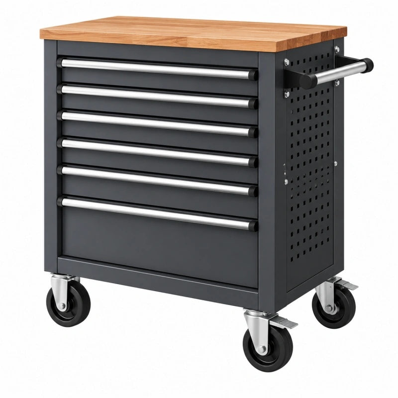 Carrello portautensili 77 x 46 x 95 cm in acciaio nero con piano in legno e 7 cassetti