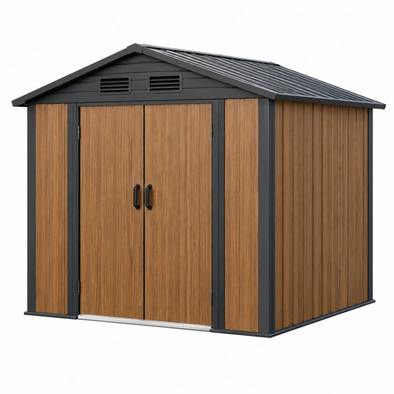 Casetta da giardino 213 x 130 x 185 cm in acciaio zincato marrone effetto legno con porte doppie e ventilazione