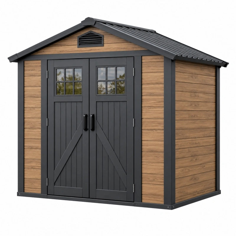 Casetta da giardino 200 x 150 x 210 cm effetto legno marrone e nero con doppia porta e finestre