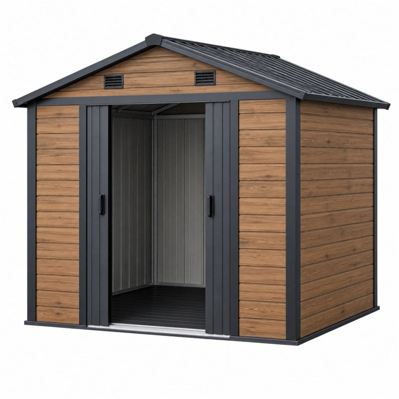 Casetta da giardino 226 x 126 x 185 cm in resina effetto legno marrone e antracite con doppia porta scorrevole
