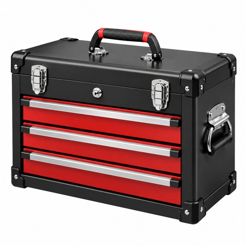 Cassetta portautensili 50 x 25 x 30 cm in metallo nero e rosso con 3 cassetti e serratura