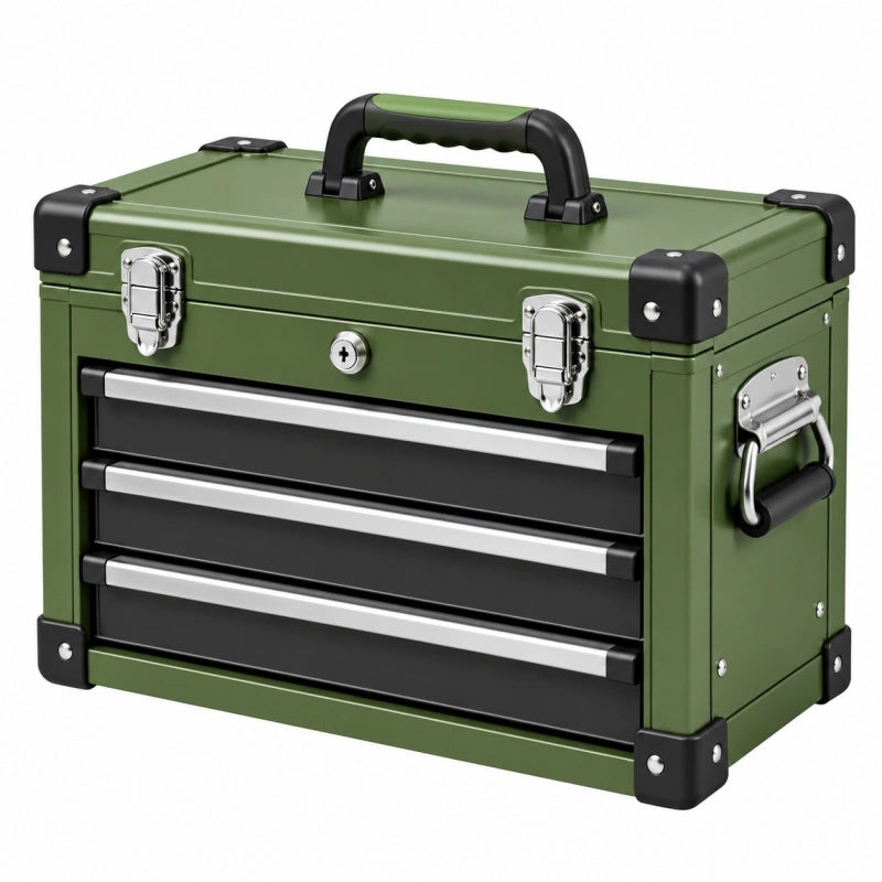 Cassetta portautensili 50 x 30 x 35 cm in metallo verde con 3 cassetti e maniglia