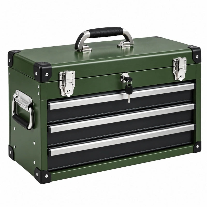 Cassetta portautensili 50 x 25 x 30 cm in metallo verde con 3 cassetti e serratura