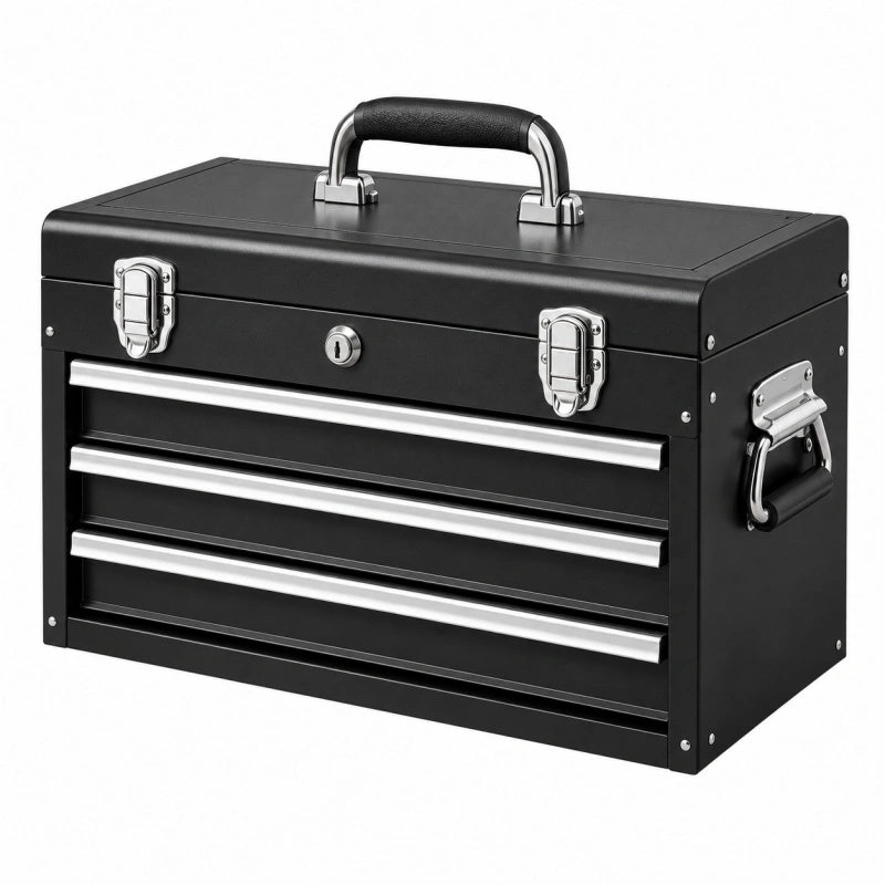 Cassetta portautensili 60 x 30 x 35 cm in metallo nero con 3 cassetti e serratura